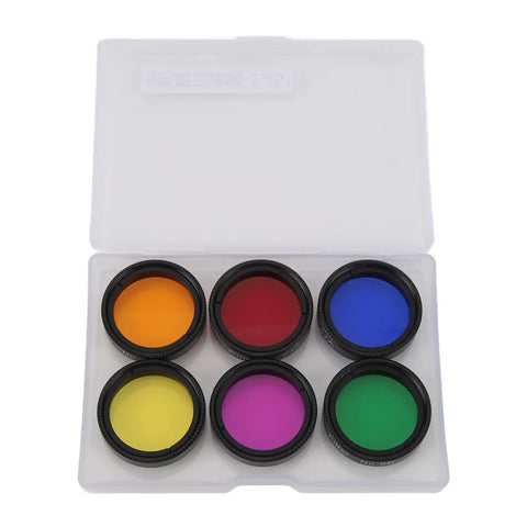 1.25 Inch Telescope Filter Set With Moon And Polarizing Filters in a case, includes multi-colored stackable eyepiece filters.