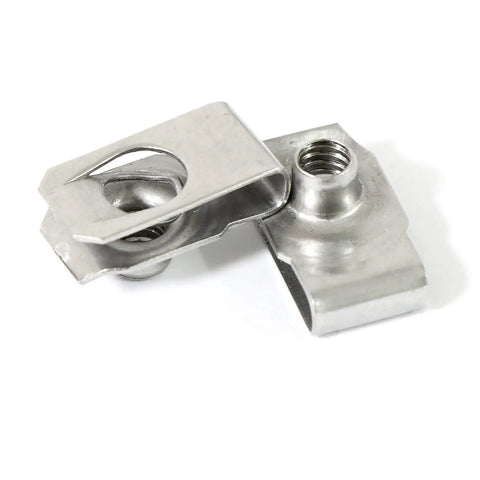 Forty Pack Quarter Inch By Twenty Thread Stainless Steel U Nuts Clip On Panel Mounting Hardware showing two clips.