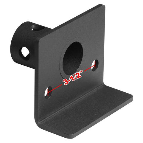 Two Pack 2 In OD Swivel Jack Pipe Mount Plate For Trailer Bolt On, Pre Drilled 5/8 Pin And 1/2 Bolt Holes, Plate 5 In Wide By 4.25 In Tall By 2 In Deep, Weld On Mount, Low Carbon Steel Spray Coating., black 2 in OD swivel jack pipe mount plate with 3-1/2 in hole spacing