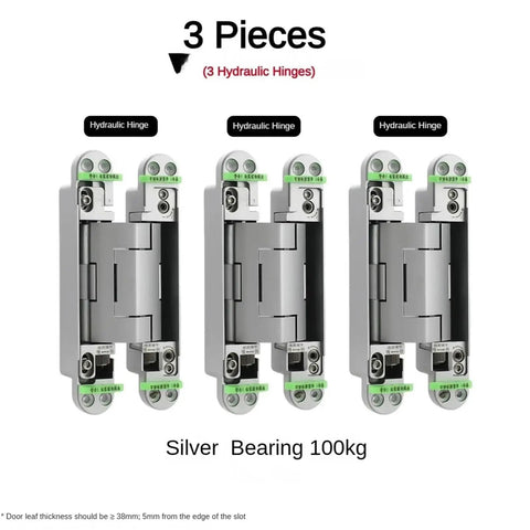 Heavy Duty Hydraulic Buffer Door Hinges With Silent Adjustable Damping For Smooth Invisible Installation On Interior And Exterior Doors Zero Drama Setup And Pro Grade Build, silver color, three pieces, 100kg bearing capacity.