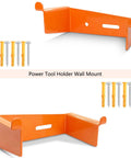 Heavy Duty Drill Holder 2 Pack Wall Mount Hook for Cordless Drills Universal Power Tool Organizer for Garage and Workshop Industrial Strength Metal Hanger Easy Access Secure Storage shown with orange hangers and screws.