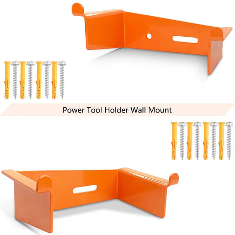 Heavy Duty Drill Holder 2 Pack Wall Mount Hook for Cordless Drills Universal Power Tool Organizer for Garage and Workshop Industrial Strength Metal Hanger Easy Access Secure Storage shown with orange hangers and screws.