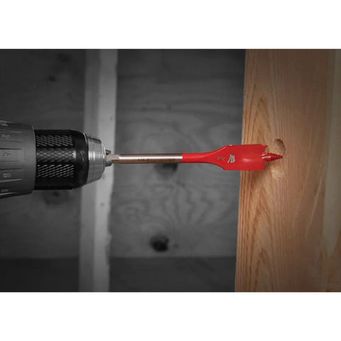 Diablo by Freud SPEEDemon red spade bit installed in drill, side view, drilling into wood