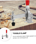 Welding Toggle Clamps 2 Pack Quick Release Fixed Hand Clamps With Rubber Tips For Workshop Jig Fixtures Woodworking And Welding Projects Heavy Duty Pro Grade For Fast Accurate Material Positioning And Secure Hold on workshop table.