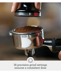 Close-up of espresso tamper and portafilter with ground coffee for Smart Home Espresso Maker For Barista Level Espresso At Home With Programmable Brew Custom Strength Quick Heat And Compact Black Sesame Design That Fits Small Kitchens And Tiny Countertops.