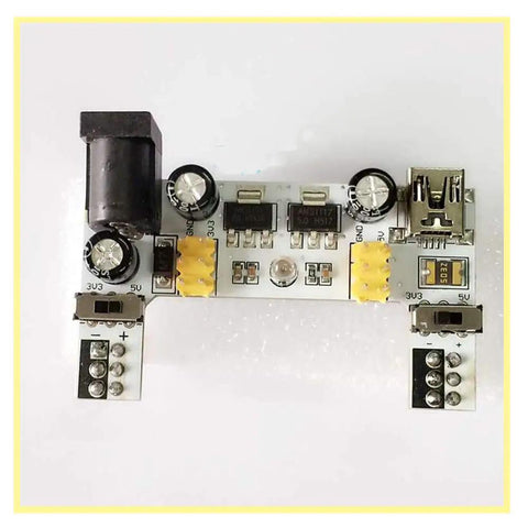 Dual Channel MB-102 Breadboard Power Supply Module 3.3V 5V Output For Arduino Projects, USB or DC powered, top view.