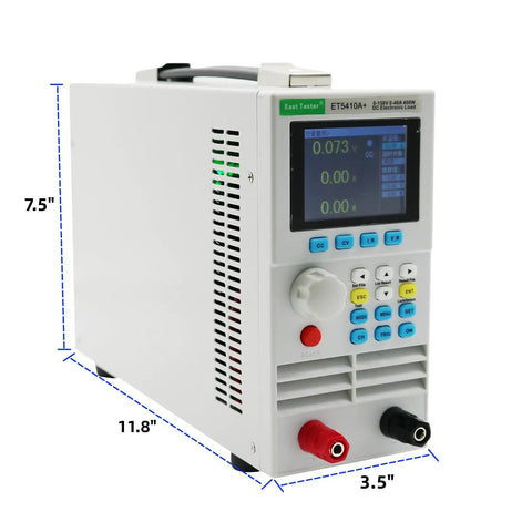Beast Programmable DC Load Tester 400W 150V 40A With 2.8 Inch TFT Display Constant Current And Constant Voltage Modes USB Power Tester For Power Supplies Chargers And Battery Capacity Testing, front view with 7.5in x 11.8in x 3.5in dimensions