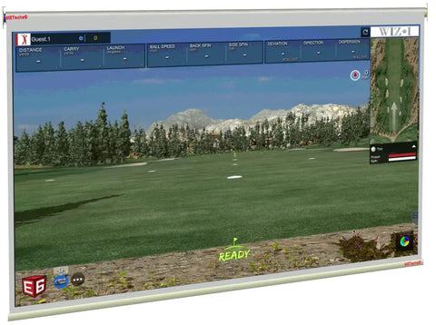 Electric Retractable Golf Simulator Impact Screen Kit With Pad Pro 94 By 126 Inches in use, displaying a digital golf course.