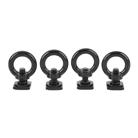 Hella Tough Stainless Steel T Track Mount Tie Down Anchors With M8 Heavy Duty T Slot Locking Rings, set of four black anchors.