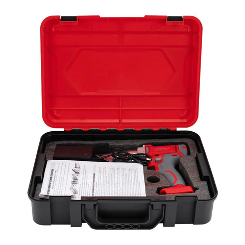 Heavy-Duty 21V Cordless Electric Metal Shears With 1500mAh Battery in black carrying case with accessories and manual.
