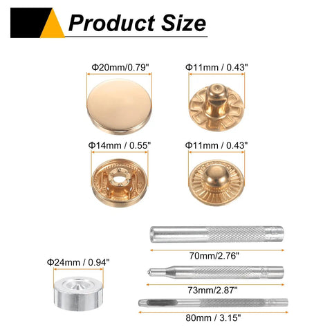 Product size details of Badass 24 Pack Gold Brass Snap Buttons With 4 Heavy Duty Setting Pliers, showing various button dimensions.
