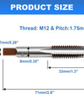 Close-up of 2 Pack M12 X 1.75 Hand Tap Set, Right Hand HSS Threading Milling Tap Tool For Metal Projects with size dimensions.