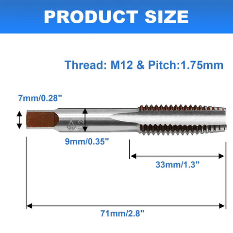 Close-up of 2 Pack M12 X 1.75 Hand Tap Set, Right Hand HSS Threading Milling Tap Tool For Metal Projects with size dimensions.