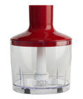 Heavy Duty 4 In 1 Immersion Hand Blender With Rock Solid 500W Motor And Two Speed Settings Featuring Splash Control Tech and versatile red chopper attachment.