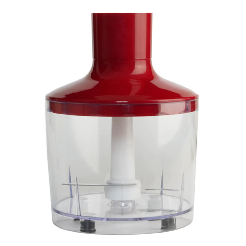 Heavy Duty 4 In 1 Immersion Hand Blender With Rock Solid 500W Motor And Two Speed Settings Featuring Splash Control Tech and versatile red chopper attachment.
