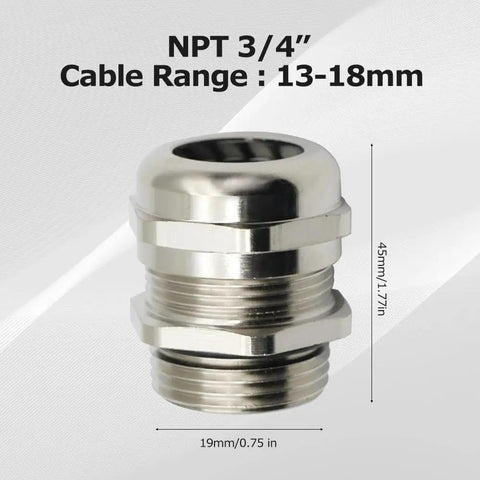 NPT Three Quarter Inch Nickel Plated Brass Waterproof Cable Glands with 13-18mm range, IP68 rated, corrosion resistant.