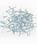 Fifty Piece Spring Steel Lawn Chair Webbing Clips in a pile, durable metal hooks for patio furniture repair.