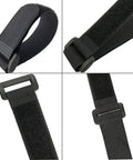 Various angles of 25 Pack Black Reusable Cable Straps With Heavy Duty Hook And Loop Closure, slick wire ties for cord management.