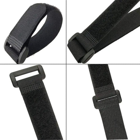 Various angles of 25 Pack Black Reusable Cable Straps With Heavy Duty Hook And Loop Closure, slick wire ties for cord management.