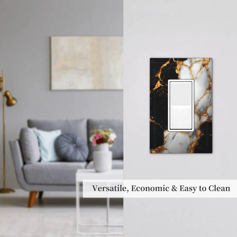 Fresh Black Gold Marble Decorative Outlet Covers And Single GFCI Switch Plates One Gang Rocker Wall Accents installed in a modern living room.