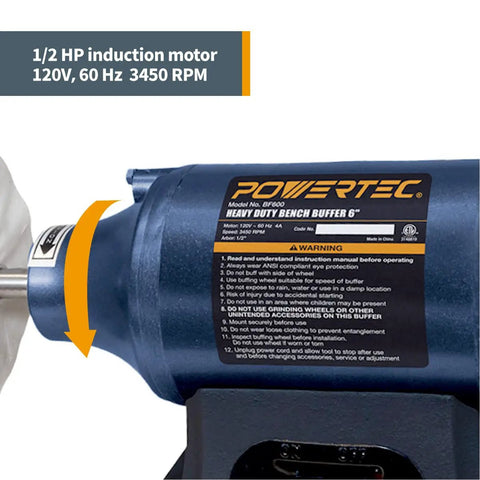 Top Shelf 6 Inch Bench Buffer And Jewelry Polisher Includes Dual Cotton Buffing Wheels For Slick Metal Wood Knife Finishing A No Brainer Pick For Any Backyard Workshop Today showing 1/2 HP induction motor with specifications.