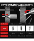 Cordless Rivet Gun Kit With Two Batteries, Brushless Blind Riveter Tool specifications for various rivet sizes and nozzle diameters