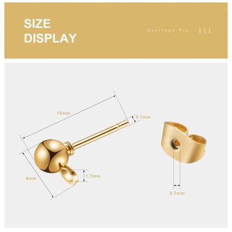 200 Pieces Ball Post Earring Studs And 240 Butterfly Backings Round Ball Ear Pins With Loop For Jewelry Dangle Earring Making In 4 Colors 4 mm size display, gold plated iron, 15mm stud