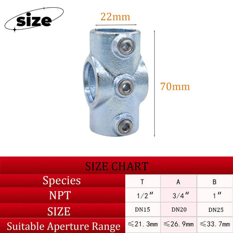 Half Inch Galvanized Steel Cross Socket 4 Way Pipe Fitting DN15 for Industrial DIY Projects, showing dimensions and size chart.