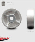 Front and side view of Four Inch Silver Semi Steel Cast Iron Wheel With Roller Bearing Half Inch Bore Heavy Duty 600 Pound Capacity