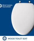 Elongated White Toilet Seat With Built Tough Enamel Construction And Snap Tight Chrome Hinges That Lock Securely showing top view with chrome hinges.