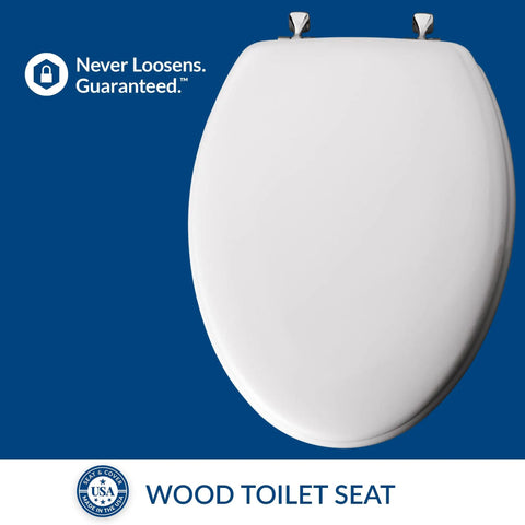 Elongated White Toilet Seat With Built Tough Enamel Construction And Snap Tight Chrome Hinges That Lock Securely showing top view with chrome hinges.