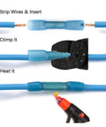 Super Awesome 150 Pc Insulated Cable Wire Terminals Kit With Solder Sleeve Heat Shrink Butt Connectors Assorted Sizes For Pro Repair Work And Electrical Diy Hustles, heat shrink wire splice being crimped and heated