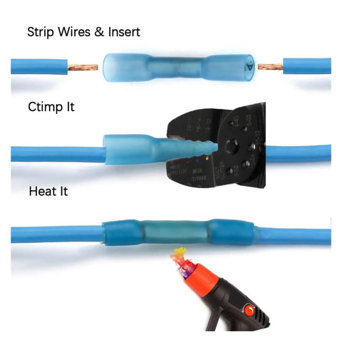 Grab This Sizzling 150 Piece Insulated Wire Terminal Kit With Assorted Heat Shrink Butt Connectors And Solder Sleeves For All Your Crazy DIY Car Repairs And Home Electrical Projects Today. heat shrink butt connector on blue wires, crimped and heated
