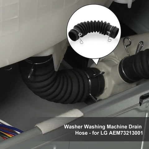 Heavy Duty Washing Machine Drain Hose Connecting Tub To Pump Compatible With LG Washers Model AEM73213001 thick rubber hose installed in a washer.