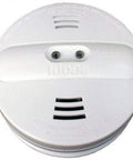 Battery Powered Dual Sensor Smoke Alarm With Photoelectric And Ionization Sensing UL Listed Hush Feature For Quieting False Alarms Model Pi9010 No Brainer Install white round unit front view