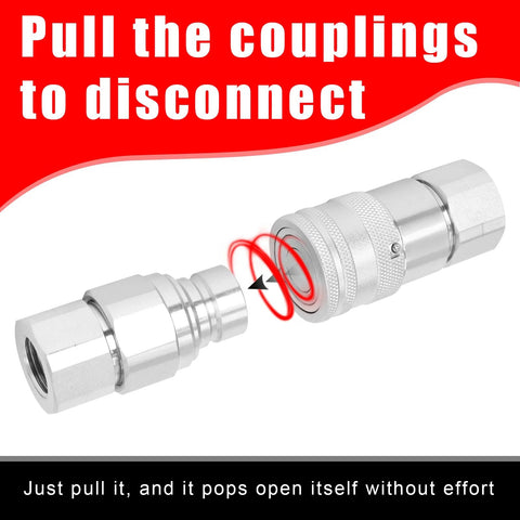 Hoqqf 1/2-inch NPT flat-face hydraulic quick-connect couplers, 2-pack with dust caps, silver metal
