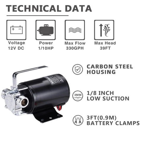 Portable 12V DC Water Transfer Pump With Suction Hose Kit, 330 GPH Low Suction, Self Priming, Technical Details Display