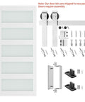 36 By 84 Inch Glass Barn Door With 6.6 Ft Brushed Nickel Sliding Hardware Kit And Handle, Pre Drilled Ready To Assemble, Waterproof PVC Coating, White, 5 Panel Glass Modern Farmhouse Style That Looks Slick.