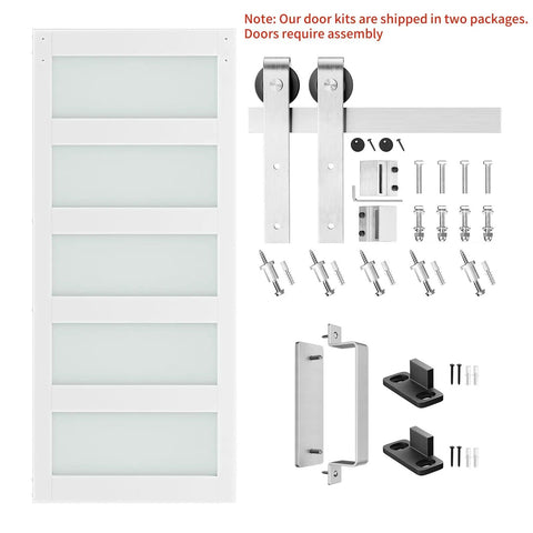 36 By 84 Inch Glass Barn Door With 6.6 Ft Brushed Nickel Sliding Hardware Kit And Handle, Pre Drilled Ready To Assemble, Waterproof PVC Coating, White, 5 Panel Glass Modern Farmhouse Style That Looks Slick.