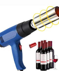 Pro Heat Shrink Gun For Wine Bottle Caps shown with bottle caps and wine bottles, perfect for home winemaking and beverage sealing.