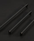 10 Pack 5 Inch Matte Black Knurled Cabinet Pulls For Cabinets And Drawers, shown in three different sizes on a black background