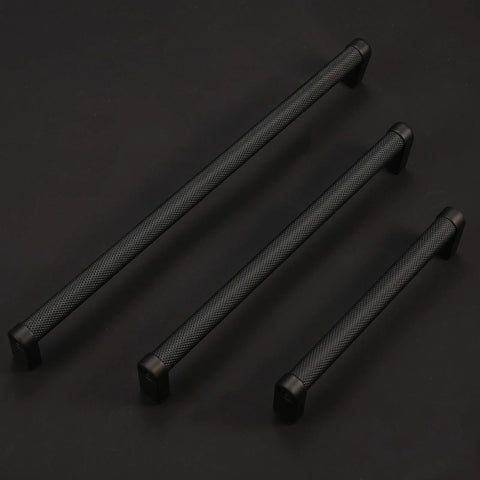 10 Pack 5 Inch Matte Black Knurled Cabinet Pulls For Cabinets And Drawers, shown in three different sizes on a black background