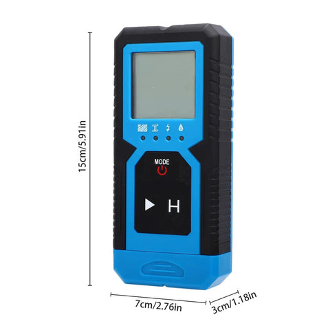 Stud Finder Wall Scanner, 4 in 1 Detector for Wood Metal AC Wire, handheld device with LCD screen, blue and black design.