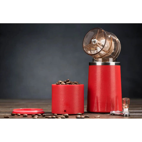 Kickstart Your Morning Anywhere With This Portable Manual Coffee Maker Equipped With Integrated Grinder And Bean Compartment Ideal For Camping Runs And Highway Hauls Pull Smooth Rich Brews Straight To Mug Effortless, featuring red color and bean storage.