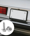 Tough As Nails Anti Theft License Plate Screw Kit With Premium Stainless Steel Rust Proof Security Bolt Fasteners Universal Car Auto Tag Mounting Hardware For Any Ride Silver Set showing locking screws and license plate holder.