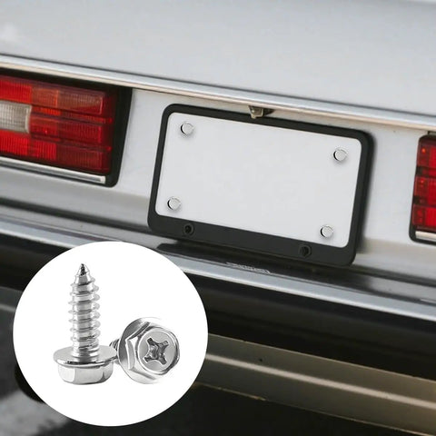 Tough As Nails Anti Theft License Plate Screw Kit With Premium Stainless Steel Rust Proof Security Bolt Fasteners Universal Car Auto Tag Mounting Hardware For Any Ride Silver Set showing locking screws and license plate holder.