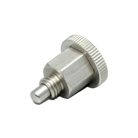 Top Shelf Pro Grade All Stainless Steel Indexing Plunger Pins And Turn Knobs 10 Pack close-up of a stainless steel plunger knob.