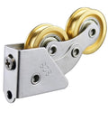 2 Pack Gutsy Sliding Door Rollers Heavy Duty Stainless Steel Cabinet Hardware Pantry Door Wheels For Shower Pulley Drawer Track System With Smooth Operator Glide close-up of stainless steel roller with gold wheels.
