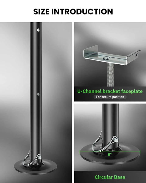 Close-up of Beefed Up Heavy Duty RV Slide Out Support Jacks Two Pack 5000 Lb Each with circular base and U-channel bracket.
