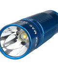 LED 3-Cell AAA Flashlight Blue With Dope Adjustable Brightness And Memory, front view showing lens and blue casing design.